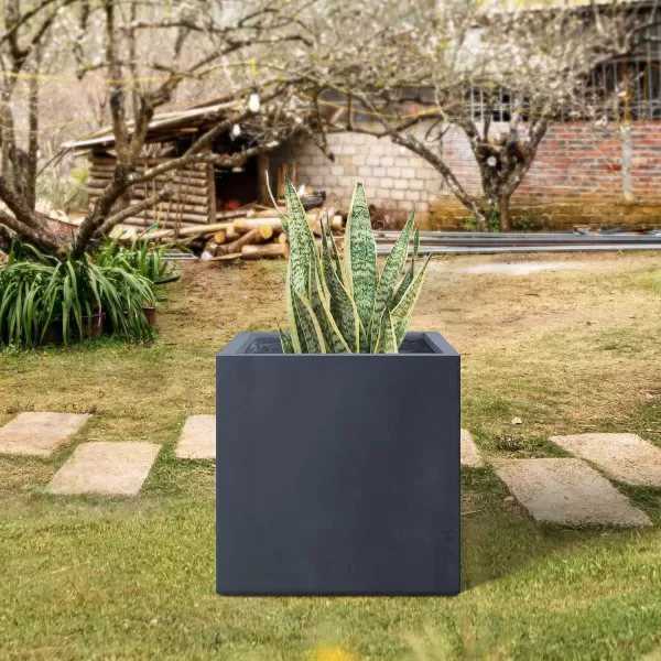 Kante 16 Inch Square Concrete Planter for Outdoor Indoor Home Patio Garden, Large Plant Pot with Drainage Hole and Rubber Plug, Charcoal