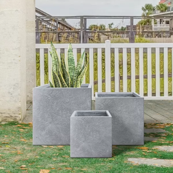 Kante 16 Inch Square Concrete Planter for Outdoor Indoor Home Patio Garden, Large Plant Pot with Drainage Hole and Rubber Plug, Charcoal