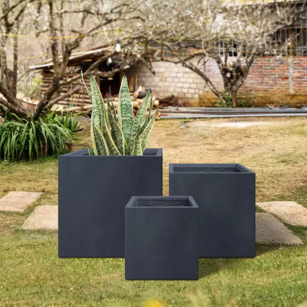 Kante 16 Inch Square Concrete Planter for Outdoor Indoor Home Patio Garden, Large Plant Pot with Drainage Hole and Rubber Plug, Charcoal