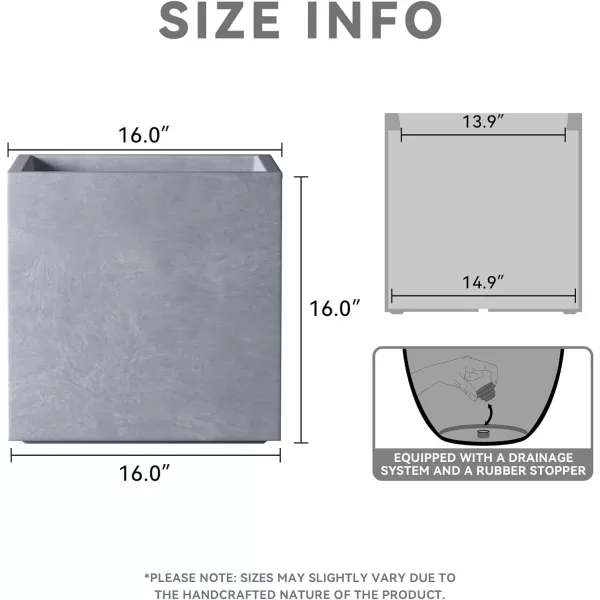 Kante 16 Inch Square Concrete Planter for Outdoor Indoor Home Patio Garden, Large Plant Pot with Drainage Hole and Rubber Plug, Charcoal
