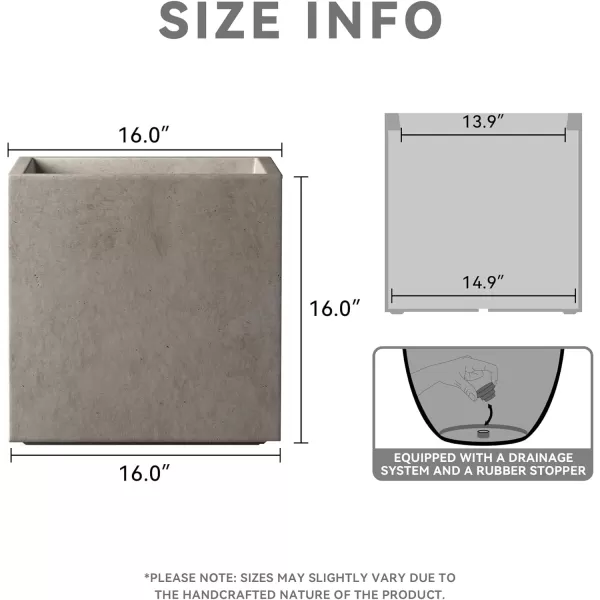 Kante 16 Inch Square Concrete Planter for Outdoor Indoor Home Patio Garden, Large Plant Pot with Drainage Hole and Rubber Plug, Charcoal