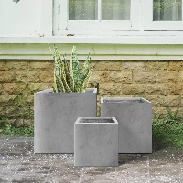 Kante 16 Inch Square Concrete Planter for Outdoor Indoor Home Patio Garden, Large Plant Pot with Drainage Hole and Rubber Plug, Charcoal