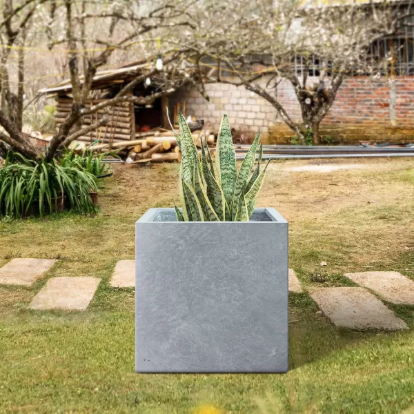 Kante 16 Inch Square Concrete Planter for Outdoor Indoor Home Patio Garden, Large Plant Pot with Drainage Hole and Rubber Plug, Charcoal