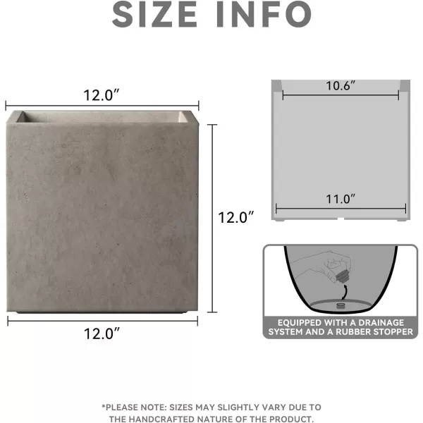 Kante 16 Inch Square Concrete Planter for Outdoor Indoor Home Patio Garden, Large Plant Pot with Drainage Hole and Rubber Plug, Charcoal
