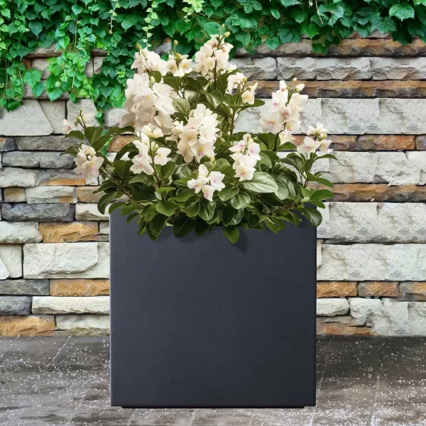 Kante 16 Inch Square Concrete Planter for Outdoor Indoor Home Patio Garden, Large Plant Pot with Drainage Hole and Rubber Plug, Charcoal