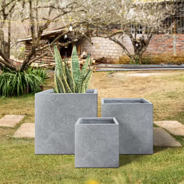 Kante 16 Inch Square Concrete Planter for Outdoor Indoor Home Patio Garden, Large Plant Pot with Drainage Hole and Rubber Plug, Charcoal