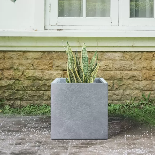 Kante 16 Inch Square Concrete Planter for Outdoor Indoor Home Patio Garden, Large Plant Pot with Drainage Hole and Rubber Plug, Charcoal
