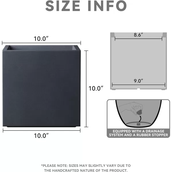Kante 16 Inch Square Concrete Planter for Outdoor Indoor Home Patio Garden, Large Plant Pot with Drainage Hole and Rubber Plug, Charcoal
