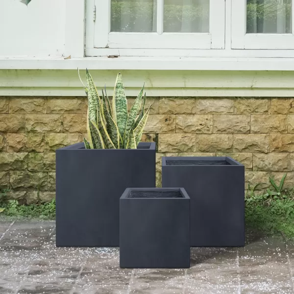 Kante 16 Inch Square Concrete Planter for Outdoor Indoor Home Patio Garden, Large Plant Pot with Drainage Hole and Rubber Plug, Charcoal
