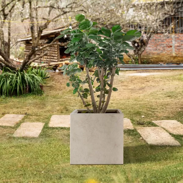 Kante 16 Inch Square Concrete Planter for Outdoor Indoor Home Patio Garden, Large Plant Pot with Drainage Hole and Rubber Plug, Charcoal