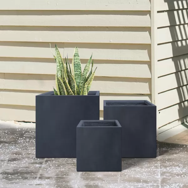 Kante 16 Inch Square Concrete Planter for Outdoor Indoor Home Patio Garden, Large Plant Pot with Drainage Hole and Rubber Plug, Charcoal