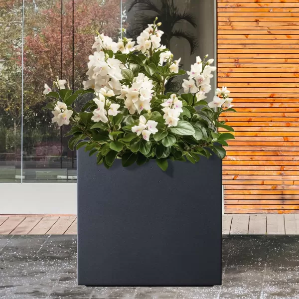 Kante 16 Inch Square Concrete Planter for Outdoor Indoor Home Patio Garden, Large Plant Pot with Drainage Hole and Rubber Plug, Charcoal