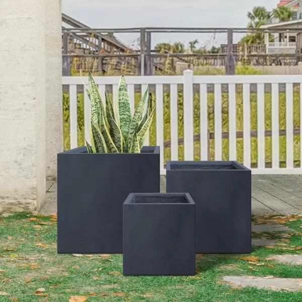 Kante 16 Inch Square Concrete Planter for Outdoor Indoor Home Patio Garden, Large Plant Pot with Drainage Hole and Rubber Plug, Charcoal