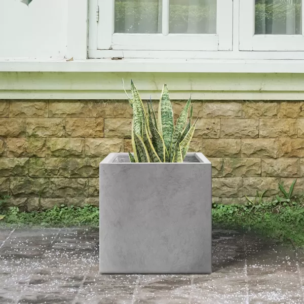 Kante 16 Inch Square Concrete Planter for Outdoor Indoor Home Patio Garden, Large Plant Pot with Drainage Hole and Rubber Plug, Charcoal