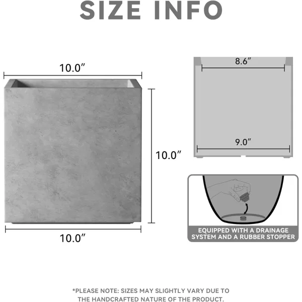 Kante 16 Inch Square Concrete Planter for Outdoor Indoor Home Patio Garden, Large Plant Pot with Drainage Hole and Rubber Plug, Charcoal