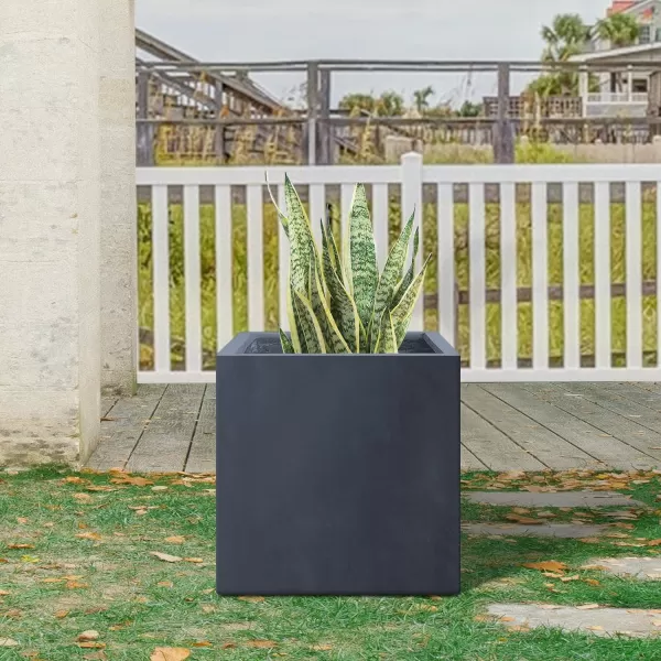 Kante 16 Inch Square Concrete Planter for Outdoor Indoor Home Patio Garden, Large Plant Pot with Drainage Hole and Rubber Plug, Charcoal