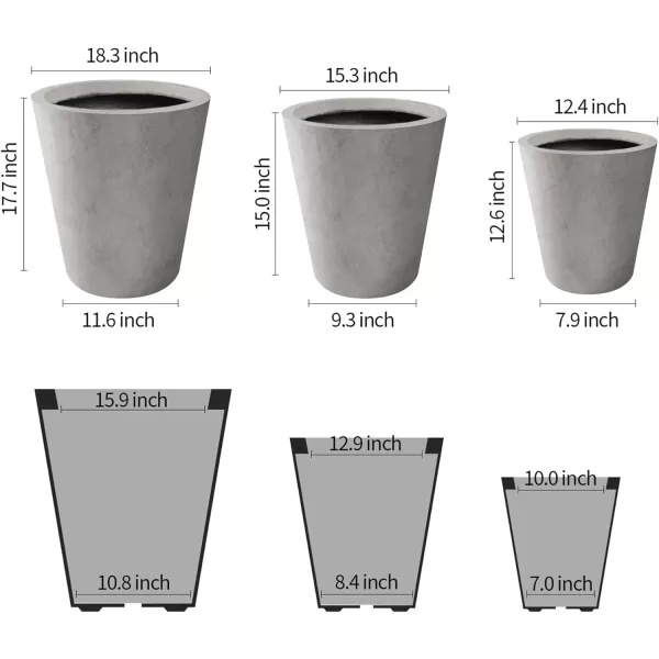 Kante 18.3", 15.3" and 12.4" D Cylindrical Charcoal Finish Lightweight Concrete Modern Planters  Outdoor Indoor Large Planter Pots with Drainage Holes for Patio, Backyard, Living Room