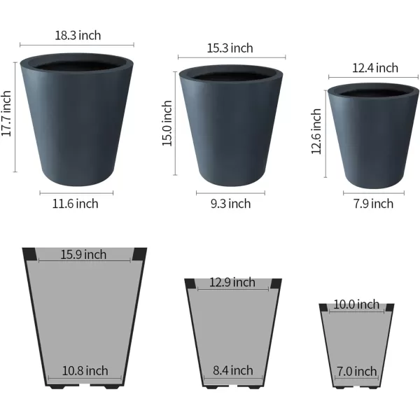 Kante 18.3", 15.3" and 12.4" D Cylindrical Charcoal Finish Lightweight Concrete Modern Planters  Outdoor Indoor Large Planter Pots with Drainage Holes for Patio, Backyard, Living Room