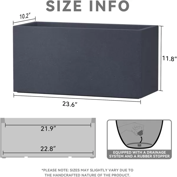 Kante 19.5" L Rectangular Concrete Planters, Outdoor Indoor Modern Plant Pot with Drainage Hole and Rubber Plug for Garden, Patio, Charcoal Finish