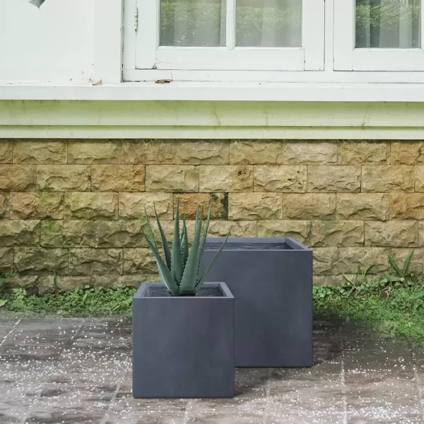 Kante 19.5" L Rectangular Concrete Planters, Outdoor Indoor Modern Plant Pot with Drainage Hole and Rubber Plug for Garden, Patio, Charcoal Finish