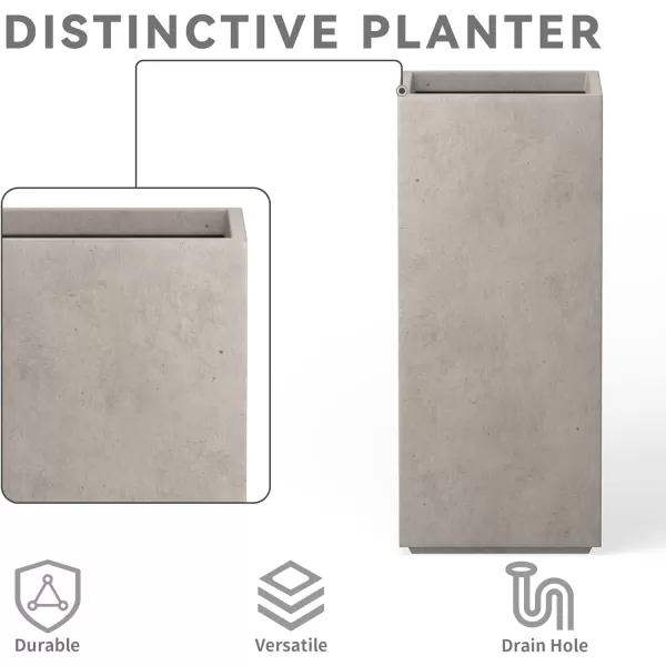 Kante 19.7" H Tall Rectangular Concrete Planter, Modern Square Diameter Plant Pot with Drainage Hole and Rubber Plug for Indoor Outdoor Home Patio Garden, Charcoal