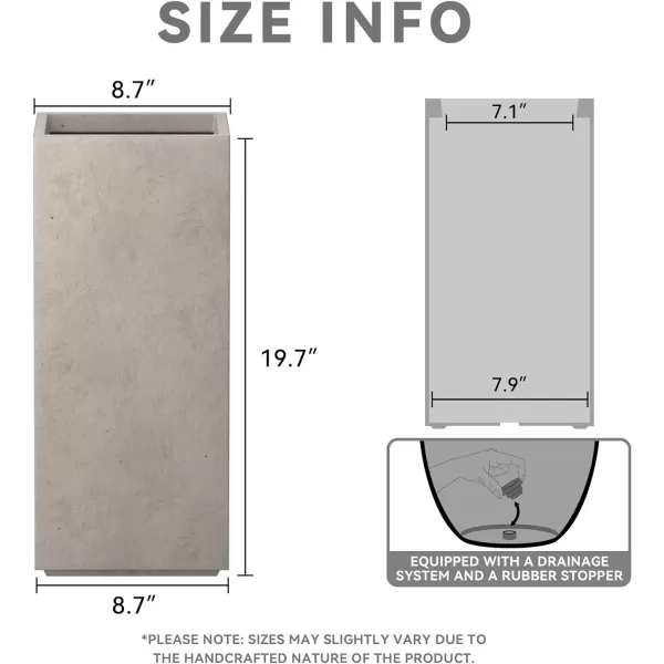 Kante 19.7" H Tall Rectangular Concrete Planter, Modern Square Diameter Plant Pot with Drainage Hole and Rubber Plug for Indoor Outdoor Home Patio Garden, Charcoal