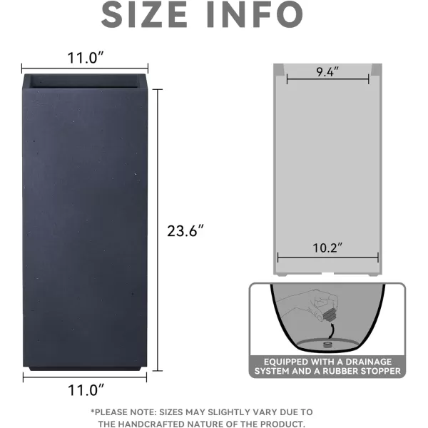 Kante 19.7" H Tall Rectangular Concrete Planter, Modern Square Diameter Plant Pot with Drainage Hole and Rubber Plug for Indoor Outdoor Home Patio Garden, Charcoal