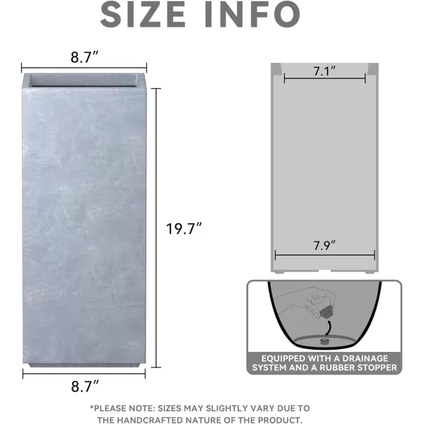 Kante 19.7" H Tall Rectangular Concrete Planter, Modern Square Diameter Plant Pot with Drainage Hole and Rubber Plug for Indoor Outdoor Home Patio Garden, Charcoal