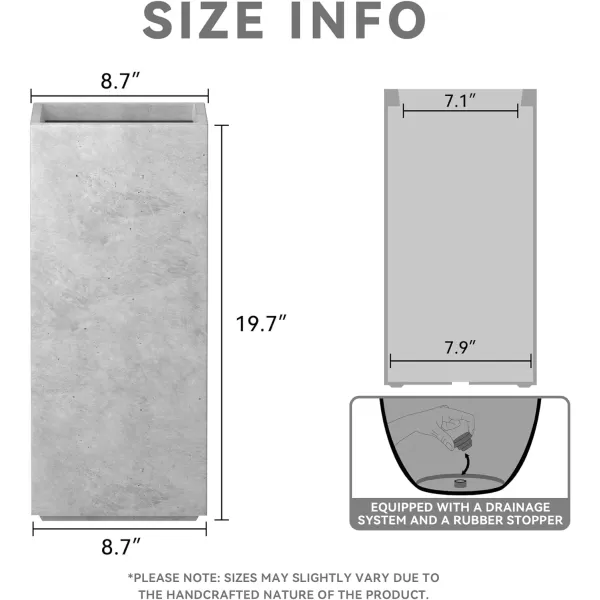 Kante 19.7" H Tall Rectangular Concrete Planter, Modern Square Diameter Plant Pot with Drainage Hole and Rubber Plug for Indoor Outdoor Home Patio Garden, Charcoal