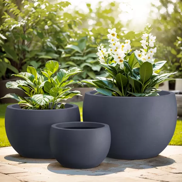 Kante 19.9",15.7",11.8" Dia Round Concrete Planter Set of 3, Outdoor/Indoor Large Bowl Plant Pots with Drainage Hole and Rubber Plug for Garden Patio Balcony Home, Pure White