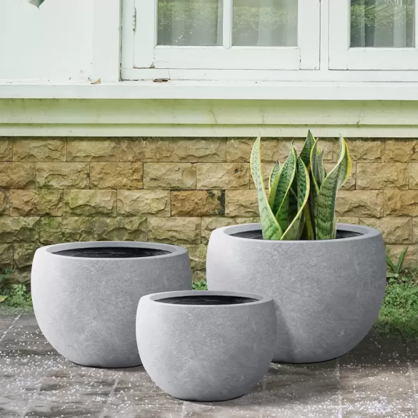 Kante 19.9",15.7",11.8" Dia Round Concrete Planter Set of 3, Outdoor/Indoor Large Bowl Plant Pots with Drainage Hole and Rubber Plug for Garden Patio Balcony Home, Pure White