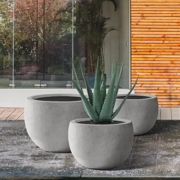Kante 19.9",15.7",11.8" Dia Round Concrete Planter Set of 3, Outdoor/Indoor Large Bowl Plant Pots with Drainage Hole and Rubber Plug for Garden Patio Balcony Home, Pure White