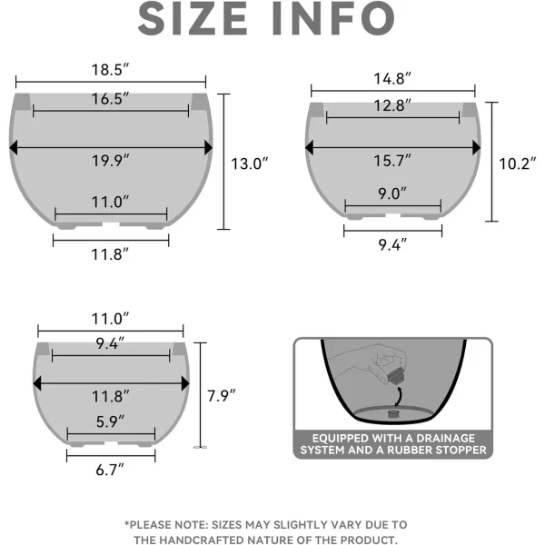 Kante 19.9",15.7",11.8" Dia Round Concrete Planter Set of 3, Outdoor/Indoor Large Bowl Plant Pots with Drainage Hole and Rubber Plug for Garden Patio Balcony Home, Pure White