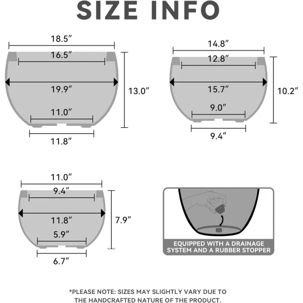 Kante 19.9",15.7",11.8" Dia Round Concrete Planter Set of 3, Outdoor/Indoor Large Bowl Plant Pots with Drainage Hole and Rubber Plug for Garden Patio Balcony Home, Pure White