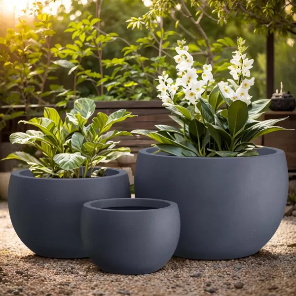 Kante 19.9",15.7",11.8" Dia Round Concrete Planter Set of 3, Outdoor/Indoor Large Bowl Plant Pots with Drainage Hole and Rubber Plug for Garden Patio Balcony Home, Pure White