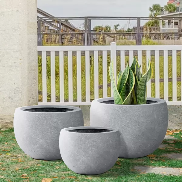 Kante 19.9",15.7",11.8" Dia Round Concrete Planter Set of 3, Outdoor/Indoor Large Bowl Plant Pots with Drainage Hole and Rubber Plug for Garden Patio Balcony Home, Pure White