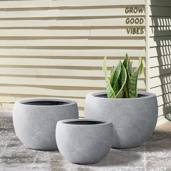 Kante 19.9",15.7",11.8" Dia Round Concrete Planter Set of 3, Outdoor/Indoor Large Bowl Plant Pots with Drainage Hole and Rubber Plug for Garden Patio Balcony Home, Pure White