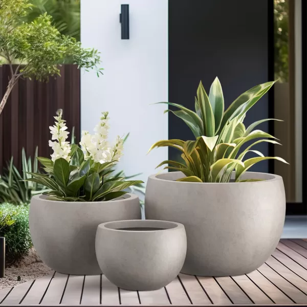Kante 19.9",15.7",11.8" Dia Round Concrete Planter Set of 3, Outdoor/Indoor Large Bowl Plant Pots with Drainage Hole and Rubber Plug for Garden Patio Balcony Home, Pure White