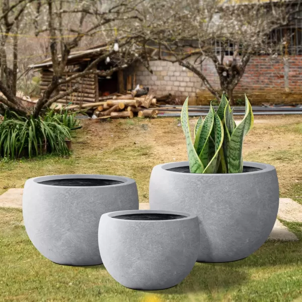 Kante 19.9",15.7",11.8" Dia Round Concrete Planter Set of 3, Outdoor/Indoor Large Bowl Plant Pots with Drainage Hole and Rubber Plug for Garden Patio Balcony Home, Pure White