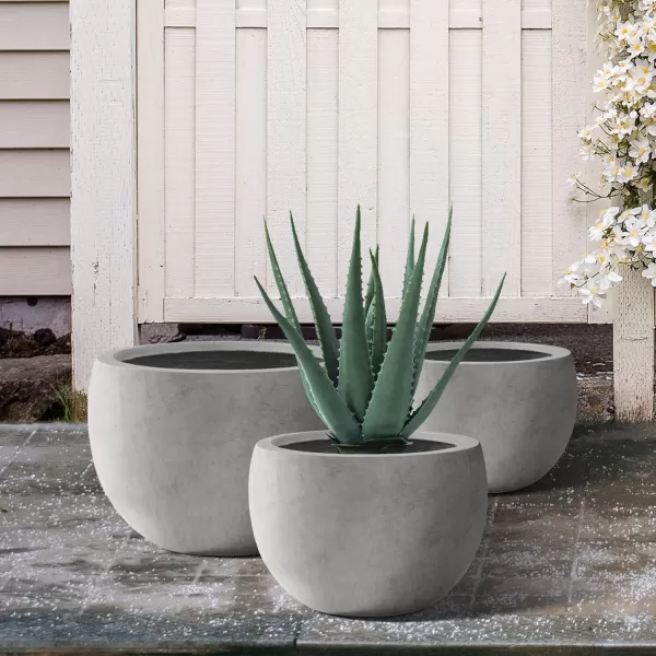 Kante 19.9",15.7",11.8" Dia Round Concrete Planter Set of 3, Outdoor/Indoor Large Bowl Plant Pots with Drainage Hole and Rubber Plug for Garden Patio Balcony Home, Pure White