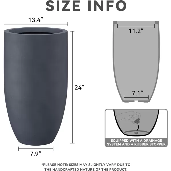Kante 24 Inch Tall Concrete Planter , Outdoor Indoor Large Plant Pots with Drainage Hole and Rubber Plug for Home Garden Patio Porch Smooth Charcoal
