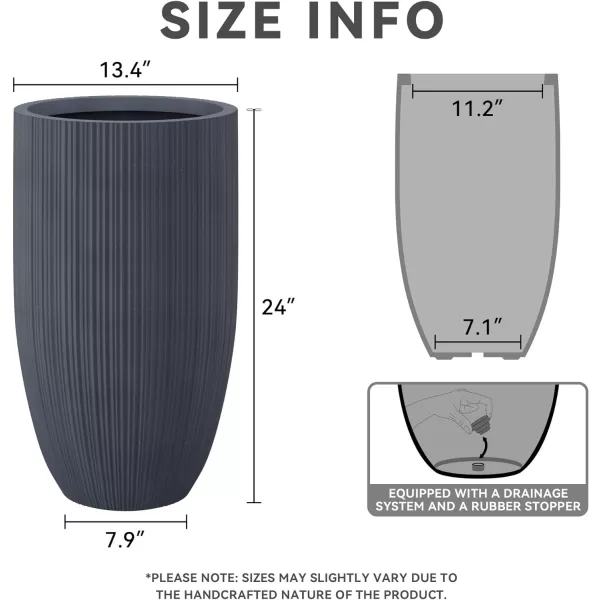 Kante 24 Inch Tall Concrete Planter , Outdoor Indoor Large Plant Pots with Drainage Hole and Rubber Plug for Home Garden Patio Porch Smooth Charcoal