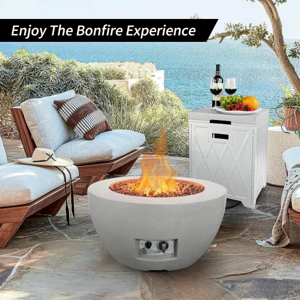Kante 25 Inch Wide Round Biondo Concrete and Metal Outdoor Smokeless 50,000 BTU Propane Gas Fire Pit Table with Propane Tank Storage Box, Waterproof Cover and Lava Rocks 