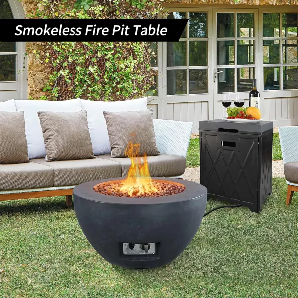 Kante 25 Inch Wide Round Biondo Concrete and Metal Outdoor Smokeless 50,000 BTU Propane Gas Fire Pit Table with Propane Tank Storage Box, Waterproof Cover and Lava Rocks 