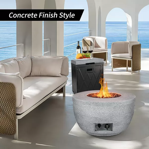 Kante 25 Inch Wide Round Biondo Concrete and Metal Outdoor Smokeless 50,000 BTU Propane Gas Fire Pit Table with Propane Tank Storage Box, Waterproof Cover and Lava Rocks 