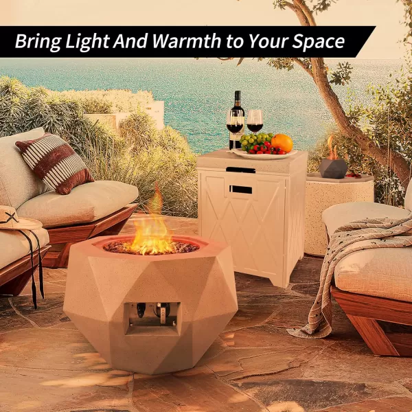 Kante 25 Inch Wide Round Biondo Concrete and Metal Outdoor Smokeless 50,000 BTU Propane Gas Fire Pit Table with Propane Tank Storage Box, Waterproof Cover and Lava Rocks 