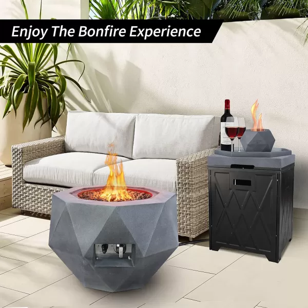 Kante 25 Inch Wide Round Biondo Concrete and Metal Outdoor Smokeless 50,000 BTU Propane Gas Fire Pit Table with Propane Tank Storage Box, Waterproof Cover and Lava Rocks 