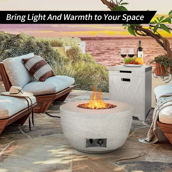 Kante 25 Inch Wide Round Biondo Concrete and Metal Outdoor Smokeless 50,000 BTU Propane Gas Fire Pit Table with Propane Tank Storage Box, Waterproof Cover and Lava Rocks 