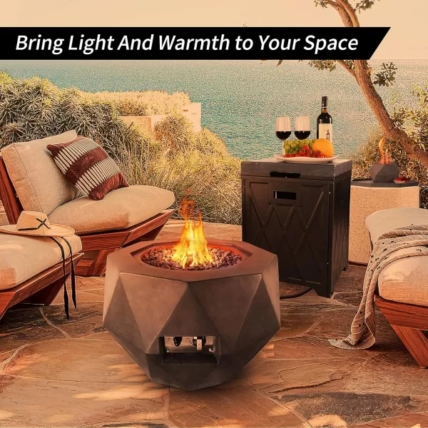 Kante 25 Inch Wide Round Biondo Concrete and Metal Outdoor Smokeless 50,000 BTU Propane Gas Fire Pit Table with Propane Tank Storage Box, Waterproof Cover and Lava Rocks 