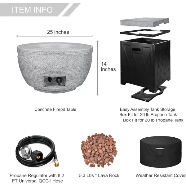 Kante 25 Inch Wide Round Biondo Concrete and Metal Outdoor Smokeless 50,000 BTU Propane Gas Fire Pit Table with Propane Tank Storage Box, Waterproof Cover and Lava Rocks 